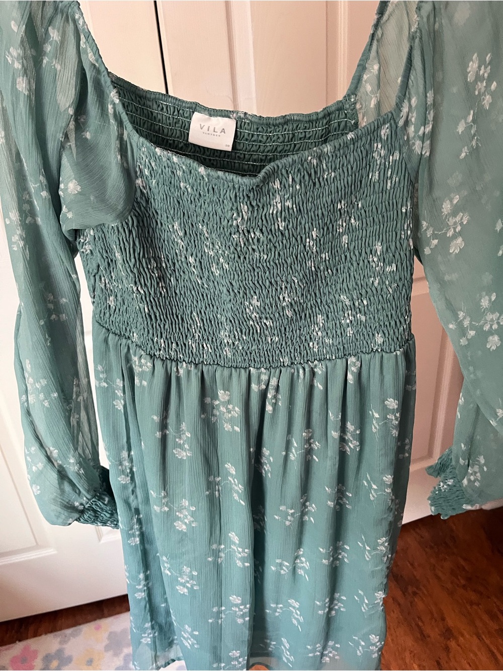 VILA Seafoam Green Floral Smocked Midi Dress